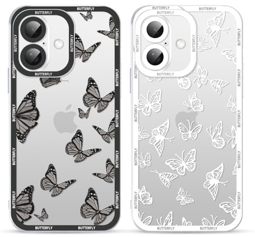 Yoedge 2 Pack Cute Transparent Print Suitable for iPhone 16 6.1 Inch Phone Case, Butterfly Pattern Aesthetic Shell Soft Silicone Shock-Absorbing Cover, Suitable for Women and Girls