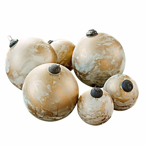 Loberon Weihnachtskugel 6er Set Nymeria, Zwei Größen, Handgemacht & Mundgeblasen, Mattes Finish, Festliche Stimmung, Christbaumschmuck, Weihnachten, Glas, Eisen, Creme/Gold