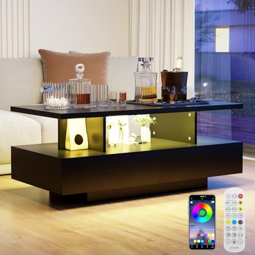 YU YUSING Table Basse LED avec 2 Tiroirs, Table d'Appoint de Salon Coffre avec 2 Étagères de Rangement, 60000 Couleurs Lumières Réglables, Télécommande,Contrôle APP, Modes Musique,Moderne(Noir)