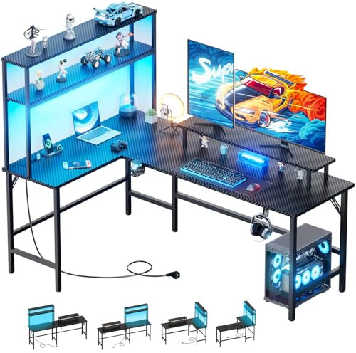 HLFURNIEU Bureau Gaming LED 150 x 100 cm, Bureau d'angle avec Rangement, Table Gamer avec Prise Intégrée & Port USB, Etagere en Hauteur, Table Gaming avec Support d'écran, Fibre de Carbone Noir