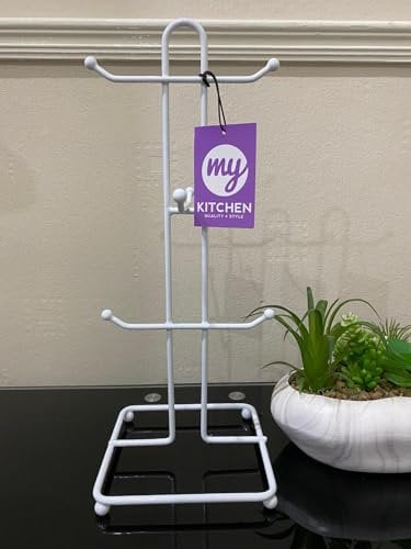 White Wire Mug Tree Holder – Modern Metal Mug Rack for Kitchen Countertop – Space-Saving 6-Cup Organizer Stand with Non-Slip Base – Elegant Display for Coffee Mugs, Tea Cups, and Glasses
