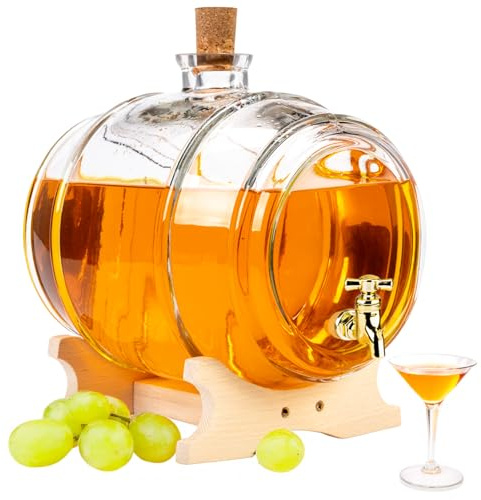 Getränkespender Fass mit Zapfhahn (4L) - Fassförmiger Getränkespender Aus Glas - Schnapsspender - Schnaps Spender mit Holzständer - Wasserspender mit Hahn
