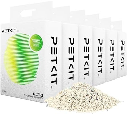 PETKIT Upgraded Clump+ Tofu Mixed Cat Litter, Ultra Absorbent and Fast Drying, 14.4kg/24L 100% Natural Ingredients Odor Eliminating Clumping Cat Litter, Dust-Free Low Tracking, Flushable, 6 Packs