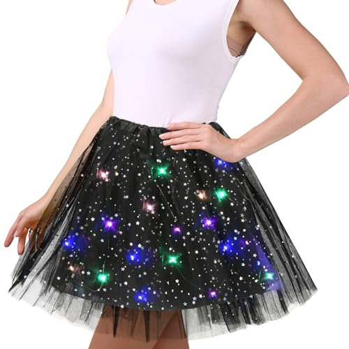 Schwarz Tüllrock Damen, 45cm Sterne Pailletten Tanzkleid, Dehnbaren Minirock Mit LED Lichter, Erwachsene Tütü Rock Ballettrock für Fasching Halloween Karneval Party, Ballett Tanzen Dress für Teenager