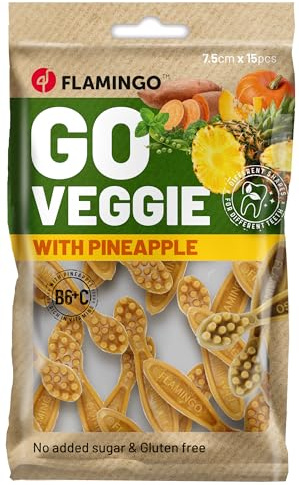 Flamingo Leckerli Hund – Veggie Zahnbürste mit Ananas klein – 120g – glutenfrei – kalorienarm – Zahnpflege Snack