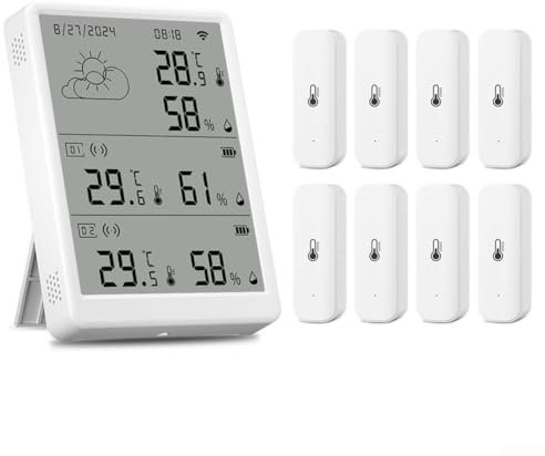 Cloudpower Wlan Hygrometer Thermometer Sensor für Tuya für SmartLife Luftfeuchtigkeits Temperatur-Feuchtigkeitssensor Wlan Thermometer mit app für Zuhause Gewächshaus(1*Basisstation+ 8*Sensor)
