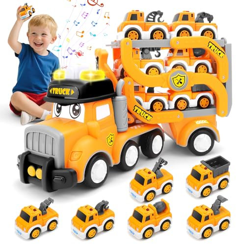 deAO Camion Trasportatore Macchinine Giocattolo per Bambini con 6 Mini Cars, Camion da Cantiere Giocattolo con luci e Suoni, Traccia Car Transporter Truck Macchinine Giocattoli Regalo per 3 Anni