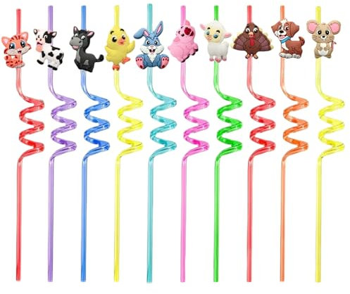 AYNKH 10PCS Kids Animal Straws, Animal Decoration Birthday Supplies, Rabbits, Kittens Puppies, Ducks, Plastic Material, Drinking Straws, Repeatable for Birthday Decorations, Party Decorations