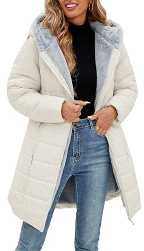 Yuson Girl Manteau Femme Longue Matelassé Polaire Doublé Manteau Hiver Veste Épais Chaud Parka Manteau Blouson Zippé à Capuche Hooded Coat Elégant Veste Imperméable Outercoat avec Poches(Beige, M)