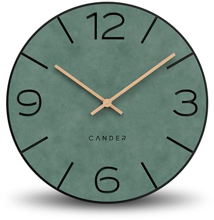Cander Berlin MNU 2630 N Wanduhr lautlos ohne Ticken 30 cm analog Wohnzimmer modern Vintage grün schwarz Holzzeiger