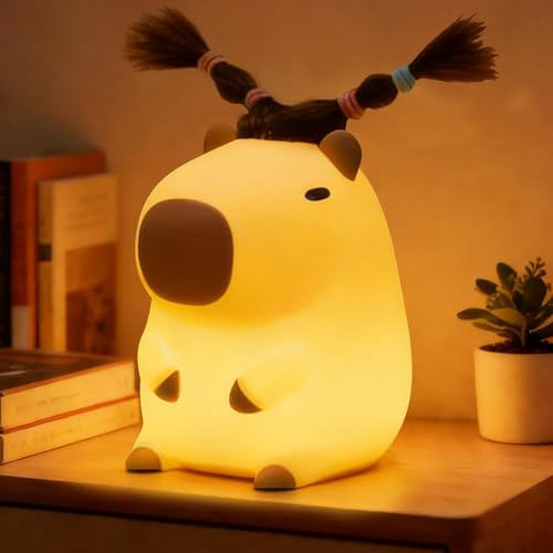 FAMIDUO Capybara-Nachtlicht mit Fell, lustige LED-Tierlampe zum Draufhauen, dimmbar/mit Timer, wiederaufladbar, Touch-Nachtlicht für Kinder, Kinderzimmer Deko, Geschenk für Jungen und Mädchen