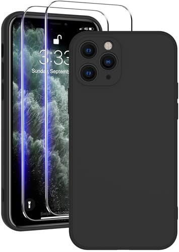 Qasyfanc Soft Silicone Case for iPhone 11 Pro with 2 Packs Tempered Glass Screen Protector, Dust-proof, Full Camera Protection, iPhone 11 Pro Cover with Anti-Scratch Microfiber Lining, Black