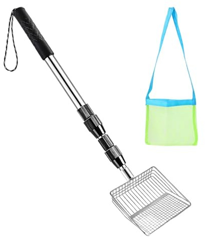 Gzadii - Colador de conchas – Colador de playa ajustable con mango de acero inoxidable – Colador de arena, pala de conchas y bolsa de malla para recoger conchas