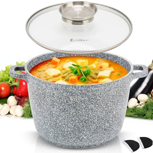 EliteHoff Kochtopf, Suppentopf aus Aluminiumguss mit Antihaftbeschichtung, Induktionstopf mit Glasdeckel, Für alle Herdarten inkl. Induktion, Gas, Elektro, Halogen, Keramik (Grau, 6,5L Ø 24 cm)