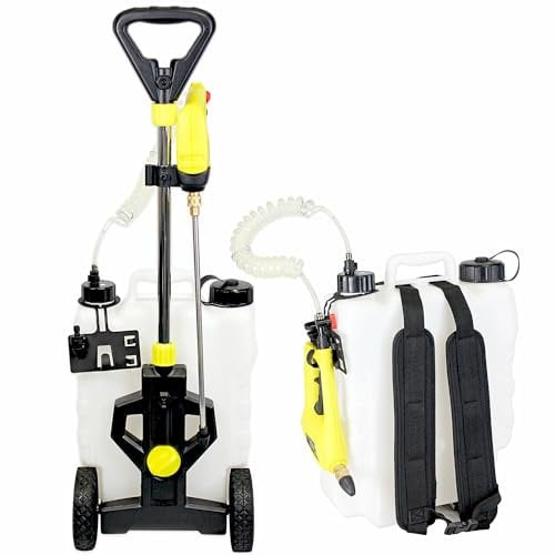 FISHTEC Irroratore Elettrico Ricaricabile a Batteria – Pompa Elettrica su Rotelle o a Zaino – Spruzzatore 16L con Ugello 40 CM – Batteria agli Ioni di Litio INCLUSA – Tubo Estensibile