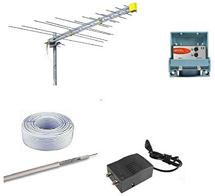 Kit de antena digital terrestre DVBT HD logarítmica offel con amplificador offel, fuente de alimentación offel, cable de TV de 30 metros y conectores F