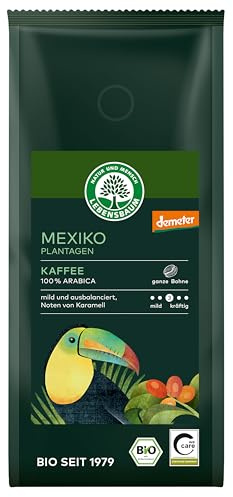 LEBENSBAUM Plantagen Kaffee, sortenreiner Arabica-Röstkaffee, naturmild & fein aromatisch, Demeter-Arabica mit angenehm leichter Säure, ganze Bohne, 250 g