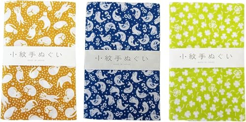 Miyamoto Komon Tenugui-Handtuch, Set mit 3 Arten, (Bell die Katze, Wale, Japanbuschsänger)