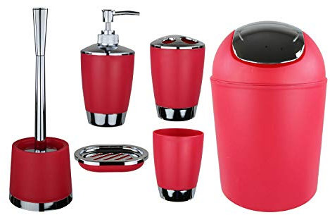 6tlg Badset Badezimmer Zubehör Set Organizer: Seifenspender, Zahnputzbecher, Kosmetikeimer, WC Bürste und Halter, Seifenschale, Mülleimer, Zahnbürstenhalter, Badgarnitur (Rot Design 1)