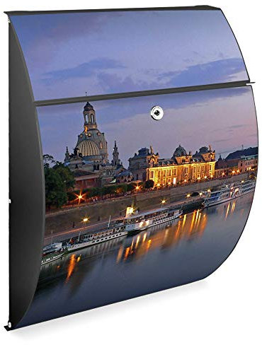 banjado Design Briefkasten - Modell Riviera 46x33,5x13cm groß - verzinkter Stahl anthrazit - Postkasten Öffnungsstopp großer A4 Einwurf Zylinderschloss 2 Schlüssel - Motiv Dresden