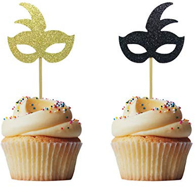 Morndew 24 PCS Gold and Black Masquerade Masks Cupcake Topper for New Year's Party Birthday Party Wedding Party Decorations