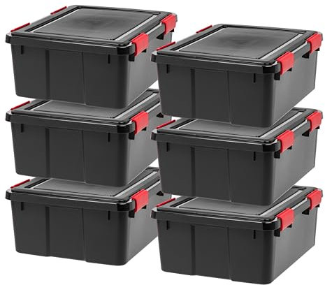 IRIS USA WeatherPro Aufbewahrungsbehälter mit Deckel, BPA-freie Kunststoffdichtungsbox mit dichtem Riegel und Dichtung, stapelbar, verschachtelbare Tragetasche, Schwarz/Rot, 6 Stück
