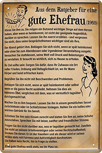 WOGEKA ART Retro Blechschild - Aus Ratgeber für eine gute Ehefrau (1955) - witziger Spruch als Geschenk-Idee Geburtstag Weihnachten Dekoration 20x30 cm Vintage-Design Metall 452