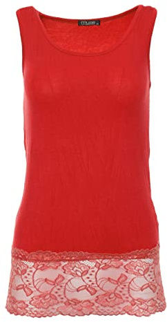 Easy Young Fashion - Damen Trägertop mit Spitzensaum - langes Unterziehshirt Skinny Fit 0518 (Rot M/L)