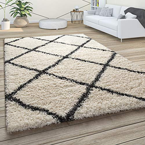 Paco Home Hochflor Teppich Wohnzimmer Schlafzimmer Shaggy Skandinavisch Rautenmuster, Grösse:80x150 cm, Farbe:Creme