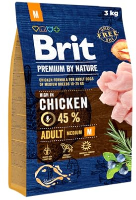 Brit Premium Adult M Trockenfutter für Hunde mittelgroßer Rassen, 3 kg | Alleinfutter mit Huhn, für mittelgroße Hunderassen, optimal für den Alltag, unterstützt Haut, Fell & Gelenke, gut verträglich