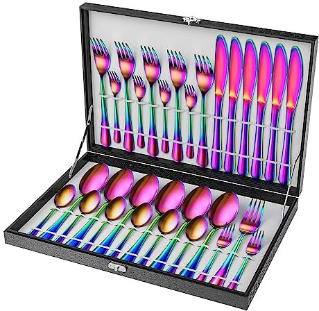 Velaze 30-Piece Flatware Set, Stainless Steel with Colorful Plated, Multicolor Silverware Cutlery Set Service for 6 Person, Mirror Polished Design