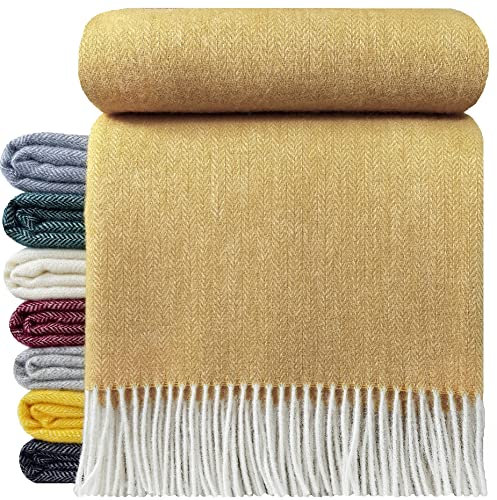 STTS International Wolldecke 100% Schurwolle Wohndecke in versch. Farben 140 x 200 cm Tagesdecke Schurwolldecke Woll-Plaid Tirol (Gelb/Ocker, 140 x 200 cm)