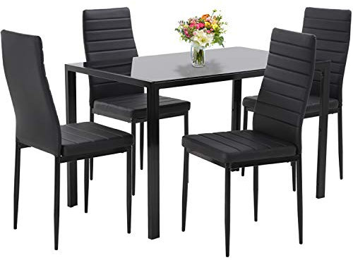 Juego de mesa de comedor de 5 piezas con 4 sillas de cuero sintético con marco de metal, rectangular, moderno, para espacios pequeños con mesa de cristal y sillas de cocina