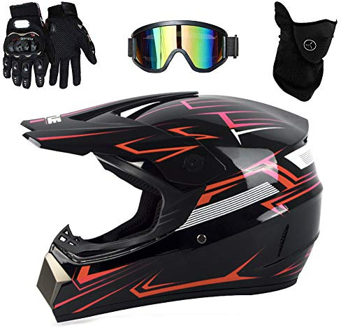 UIGJIOG Motocross Helm mit Brillen Maske Handschuhe, Herren Damen Motorrad-Helm Off-Road Downhill-Enduro-Helm-ATV-MTB-BMX Dirt Bikes Quad Motorräder Full-Face Schutz-Helm