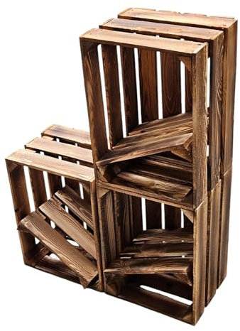Teramico 3er Set Holzkiste Weinkiste Obstkiste GEFLAMMT 40cm x 30cm x 25cm -mit Zwischenboden- als Regal und Deko (3er Set Boden lose)