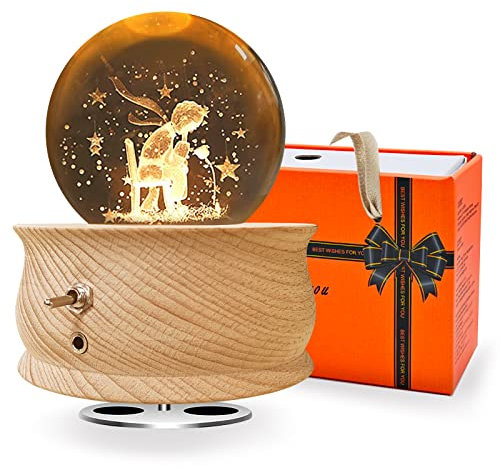 Wholede Kristallkugel Spieluhr, Hölzerne Spieluhr mit 360 ° Rotierende, Warmem Projektionsfunktion, Beruhigende Musik, LED Mond Lampe Geschenk für Frauen, Geburtstagsgeschenk