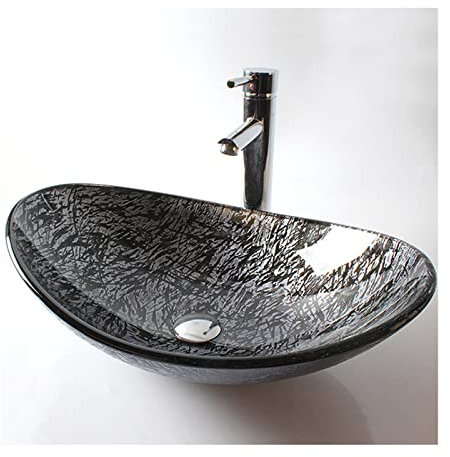 Ksunun Waschbecken Grau Gehärtetes Glas Aufsatzwaschbecken Modernes Design Oval Handwaschbecken mit Messing Wasserhahn und Wasserablauf, Waschschale, für Bad und Gäste WC
