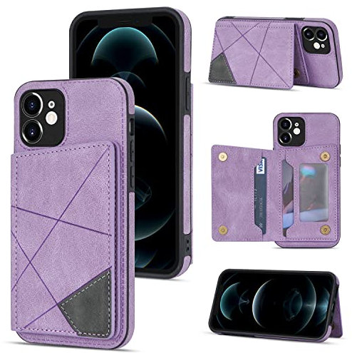 UEEBAI Wallet Case for iPhone 12 6.1 inch, Slim PU Leather Case with Card Holders Kickstand Double Magnetic Clasp Durable Skin feel Shockproof Flip Folio Cover - Purple
