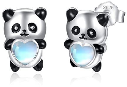 KINGWHYTE Panda Ohrringe für Kinder 925 Sterling Silber Tier Ohrstecker Schmuck mit Herz Mondstein Geschenke für Mädchen Frauen Freundin Tochter