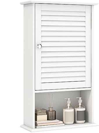 GIANTEX Armoire de Salle de Bain Murale avec Une Porte, 2 étagères réglables et Compartiment Ouvert, Armoire en Bois à 3 Niveaux, Meuble Polyvalent pour la Salle de Bain, Cuisine, entrée (Blanc)