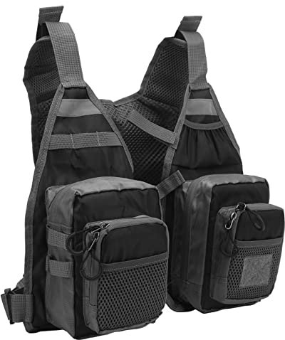 Chaleco de Pesca, Negro Poliéster Chaleco Pesca con Correa de Hombro Ajustable, Múltiples Bolsillos Sacadera Pesca para Pesca con Mosca, Kayak, Piragüismo, Mares y Ríos Rocosos