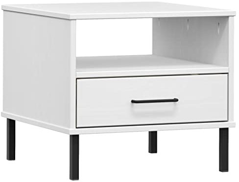 vidaXL Table de Chevet avec Pieds en métal Blanc Bois pin Massif Oslo, Petite Table de Chevet, Table pour Chambre à Coucher, Table de Chevet en Bois Massif
