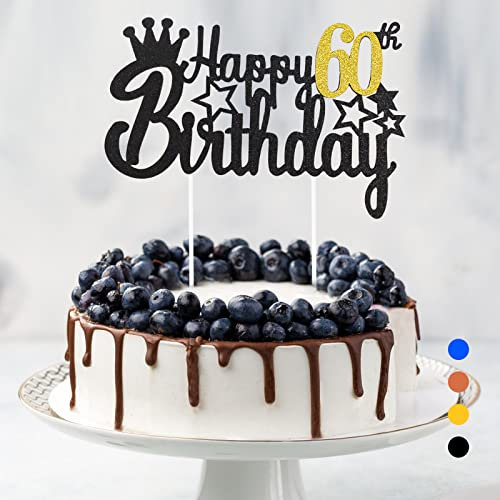 Happy Birthday Tortendeko Geburtstag, Cake Topper Geburtstag, Glitter Cake Topper Happy Birthday, Tortendeko Schwarz, Cupcake Topper für Mädchen Jungen Frauen Mann (Schwarzgold - 60. Geburtstag)
