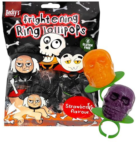 Schädel Ring Lollipops, Halloween Totenkopf Lutscher mit Erdbeer-Geschmack, 90g
