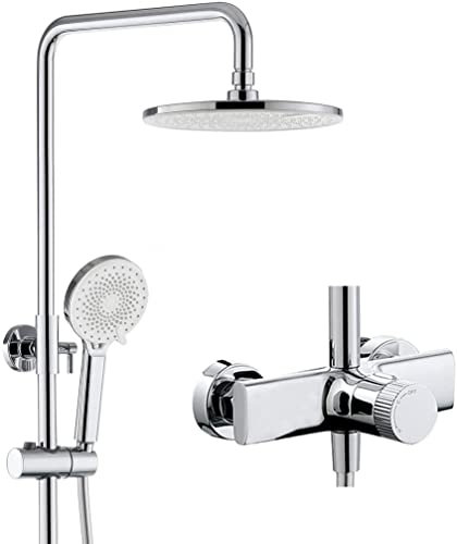 DERBUT 9-Zoll-Duschsystem, Duscharmatur-Set, Wandmontage, Regendusche, Kombi-Set, Einhand-Wanne und Brausegarnitur mit Wanneneinlauf, 3 Modi, Handbrause und runde Regendusche