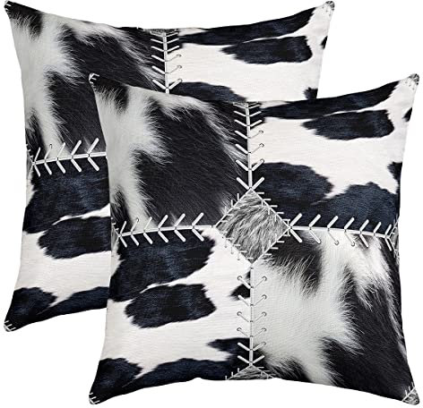 2er Set Kissenbezüge Kuhfell Kissenbezüge 50x50cm Patchwork Kuhfell Plaid Gitter Dekokissen für Home Wohnzimmer Dekor Kissenhülle Kissenbezug Umkehrbar Schwarz Weiß Muster Dekorative Wurf Dekokissen