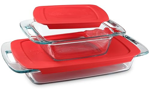 Pyrex 4-teiliges extra großes Glas-Backformen-Set mit Deckel und Griffen, ofen- und gefriergeeignet