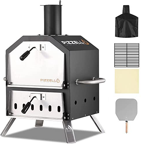 Pizzello Outdoor-Pizzaofen mit Holzbefeuerung zum Backen von 2 Pizzen im Freien mit Pizzastein, Pizzaschieber, Deckel - Schwarz + Silber