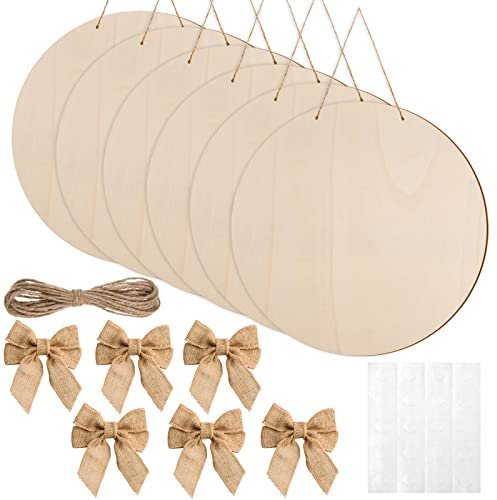 6 Pcs 18 Inch Wood Circles for Crafts Unfinished Round Wood Discs Blank Wood Rounds Slices Round Wooden Door Hanger Signs with Bows, Twine and Glue Points for DIY Craft Holiday Decor,5 mm Thick
