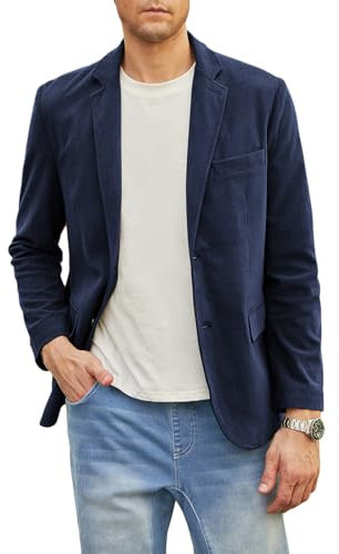 Elegancity Mens Blazer Suit Jacket Smart Casual Slim Fit Corduroy Jackets Coat Lightweight 2 Button Suit Blazers with Pockets (Blue, Large)
